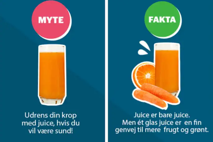 Udrens din krop med juice, hvis du vil være sund = myte. Juice er bare juice. Men ét glas juice er en fin genvej til mere frugt og grønt = fakta
