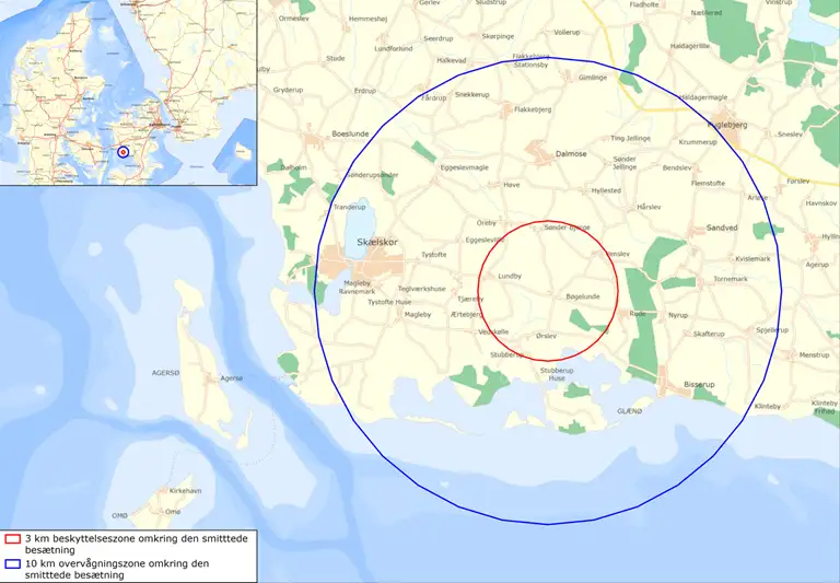 Zonekort, der viser 3 og 10 km zonerne omkring udbruddet af fugleinfluenza ved Skælskør