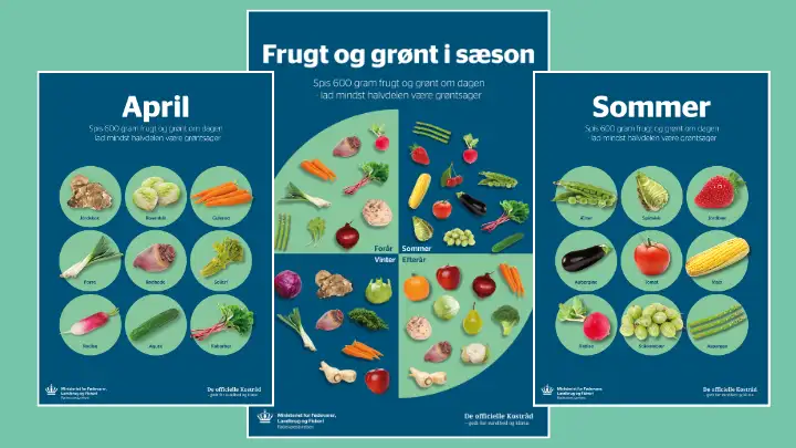 Plakat, som viser hvilke grøntsager og frugter, der er i sæson hen over året