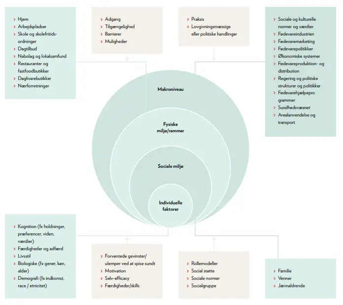 En helhedsorienteret og forenklet begrebsramme for de mange faktorer, der p&aring; makroniveau og i det fysiske og sociale milj&oslash; kan p&aring;virke b&oslash;rn og unges mad- og m&aring;ltidsvaner. (Figuren er fra: Tetens et al (2018), Fremme af sunde mad- og m&aring;ltidsvaner blandt b&oslash;rn og unge, Videnr&aring;d for Forebyggelse, s. 26)
