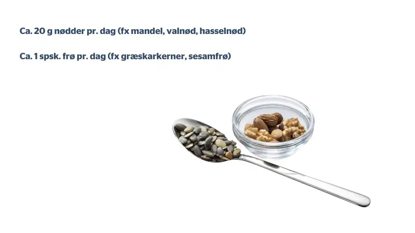 Ca. 20 g n&oslash;dder pr. dag (fx mandel, valn&oslash;d, hasseln&oslash;d) Ca. 1 spsk. fr&oslash; pr. dag (fx gr&aelig;skarkerner, sesamfr&oslash;)