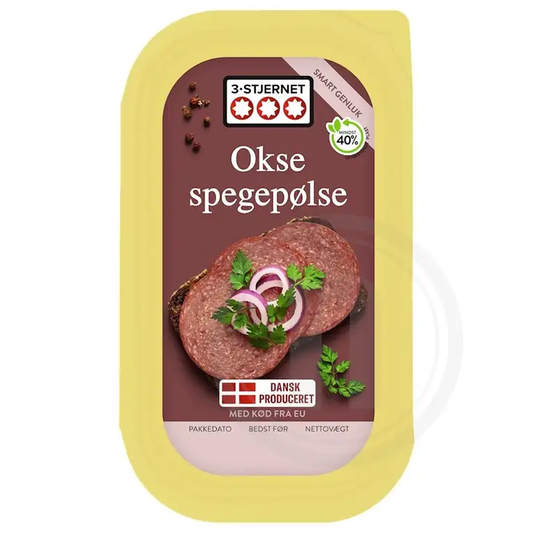 Billedet viser en emballage af produktet Oksespegepølse fra mærket 3-stjernet