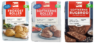 Billede af de tilbagekaldte produkter: Amo Koldhævede frokostboller, Amo Koldhævede Softkerne boller og Amo Softkerne Rugbrød.