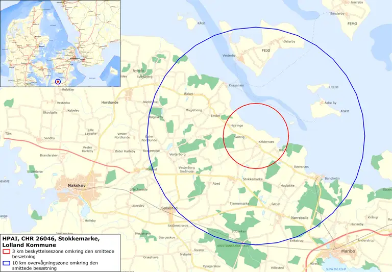 kort over området, hvor kalkunbesætning er smittet med fugleinfluenza