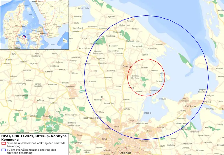 Kort der viset beskyttelses- og overvågningszoner øst for Otterup på nordfyn.