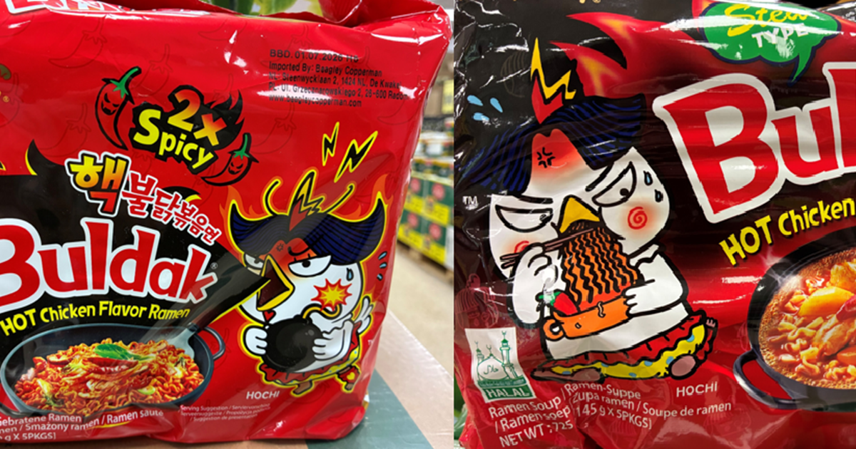 Buldak HOT Chicken Flavor Ramen i varianterne "spicy" og "stew type"