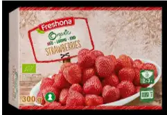 Billede fra myndighedens meddelelse af det tilbagekaldte produkt Freshona frosne økologiske jordbær. Årsag: Norovirus i produktet.