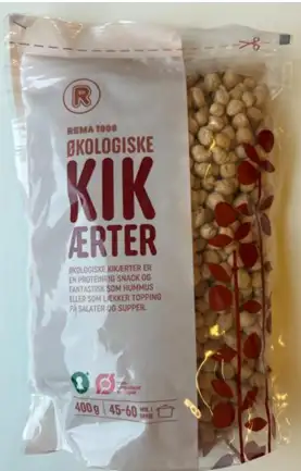Billede fra myndighedens meddelelse af det tilbagekaldte produkt REMA 1000 økologiske kikærter 400gr. Årsag: Sten i produktet.
